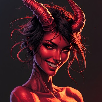 Woman with horns smiling in dark background