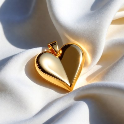 Gold heart pendant on white fabric