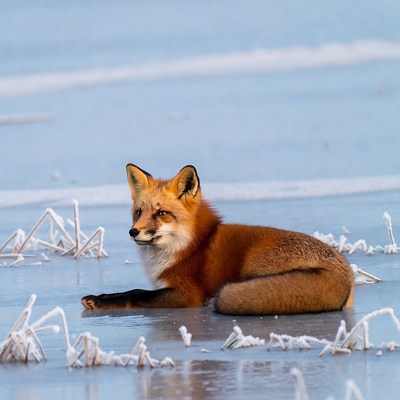 Fox resting on frozen lake in winter