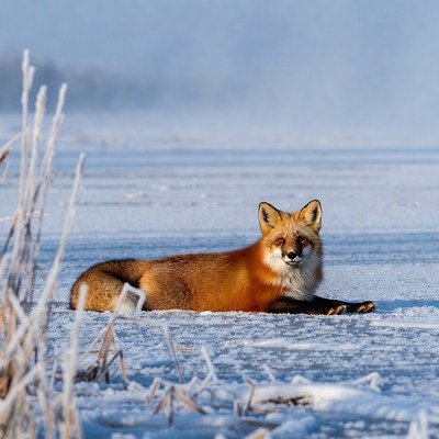 Red fox resting in snow