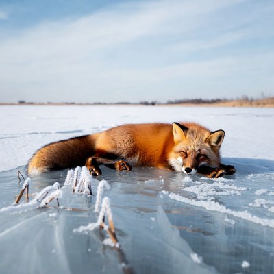 Fox resting on ice in winter