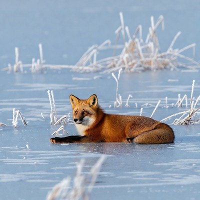 Fox on ice in winter landscape