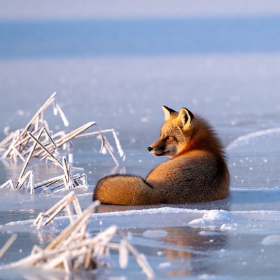 Fox resting on frozen lake in winter
