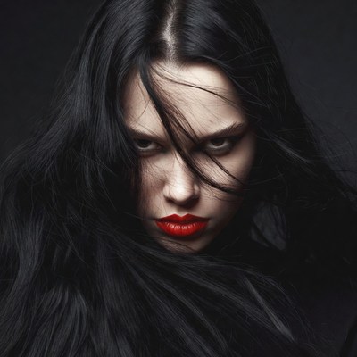 Woman with long black hair poses