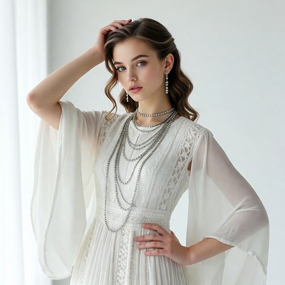 Woman in white dress poses indoors