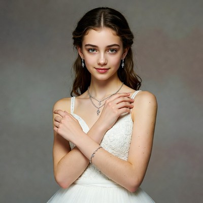 Girl in white dress showing jewelry