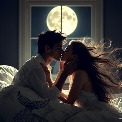 Couple kissing under a full moon