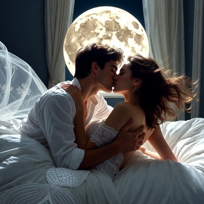 Couple kissing under moonlight