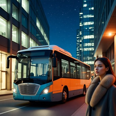 Woman waits at bus stop in city