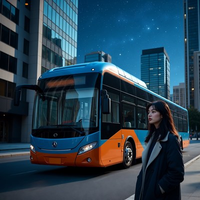 Woman waiting near city bus