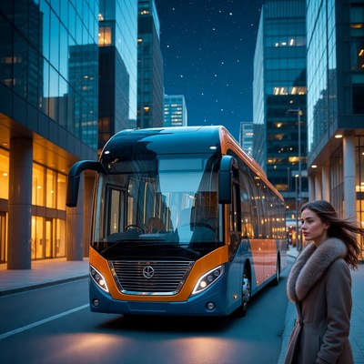 Woman waits near city bus