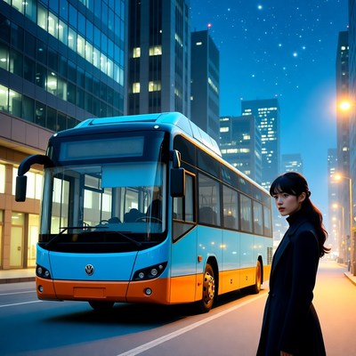 Woman stands by city bus at night