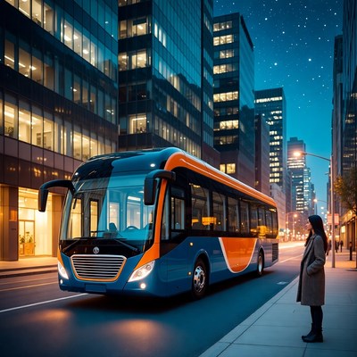 City bus at night in urban setting