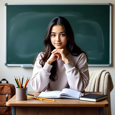 Student at desk in classroom preparing for exam