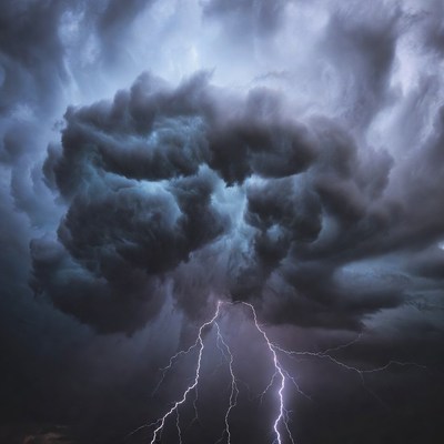 Storm clouds and lightning strike at night