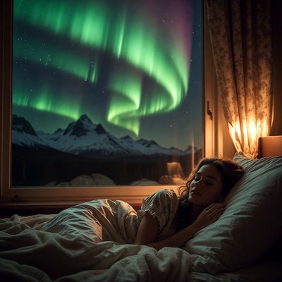 Girl sleeping under northern lights