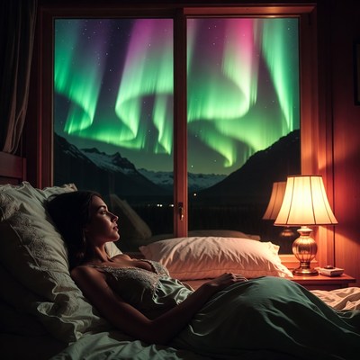 Woman watches northern lights at night
