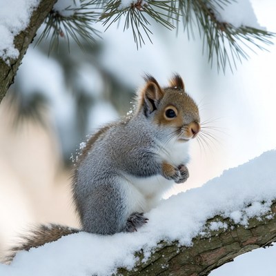 Squirrel in snowy tree branches