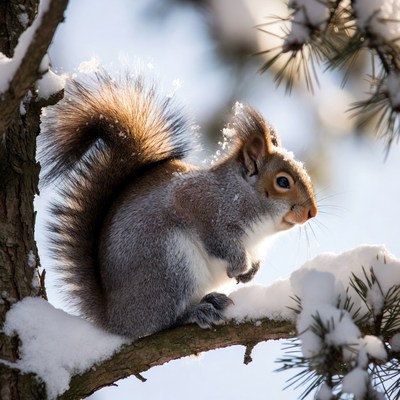 Squirrel on a snowy branch