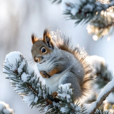 Squirrel on snowy branch in winter