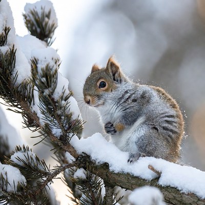 Squirrel on branch in winter