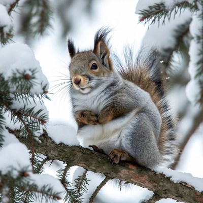 Squirrel sits on snowy branch