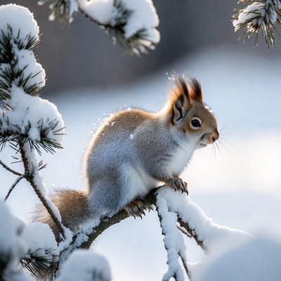 Squirrel sits on snowy branch