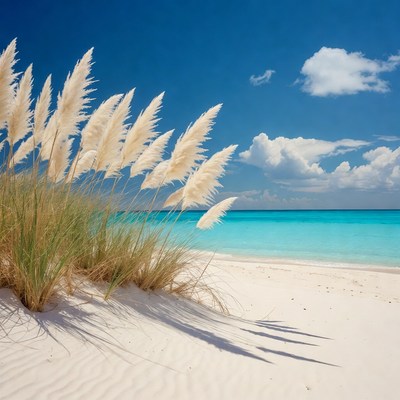 Beach with grasses and blue sky
