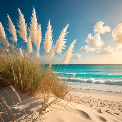 Ocean waves near grass on sand