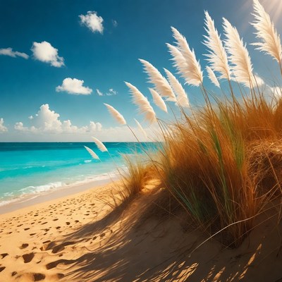 Beach scene with grass and sand