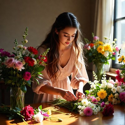 Flower arranging indoors during daylight hours