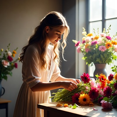 Woman arranging flowers in sunlight