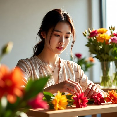 Woman arranging flowers in bright room