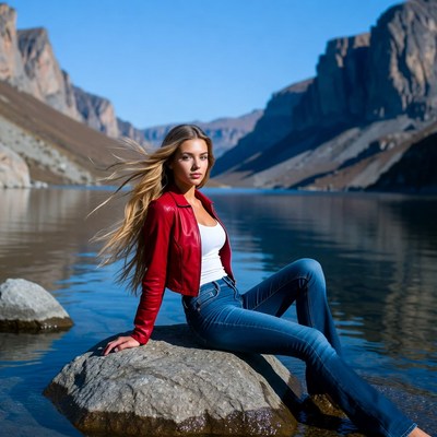 Model poses by mountain lake