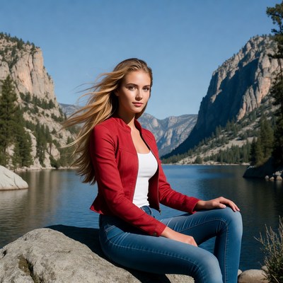 Young woman by mountain lake