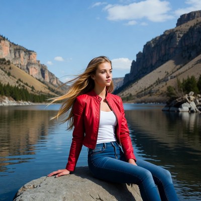 Young woman by mountain lake