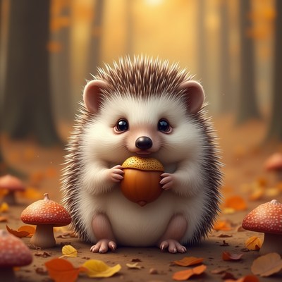 Hedgehog with an acorn in autumn forest