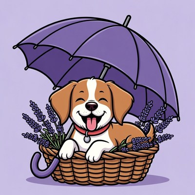 Dog with umbrella in basket