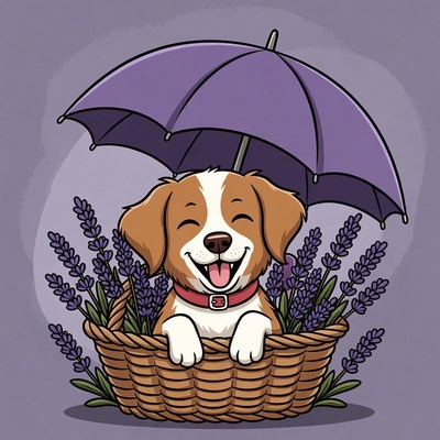 Dog in basket with umbrella