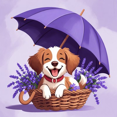 Dog under purple umbrella with flowers