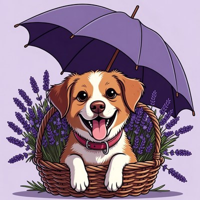 Cute dog in a basket with flowers