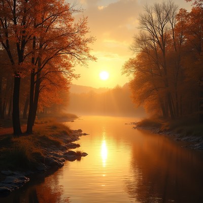 Sunset over river and trees