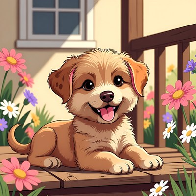 Cute puppy resting in flowers