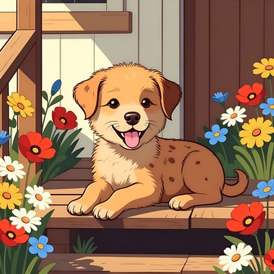 Cute puppy on steps with flowers