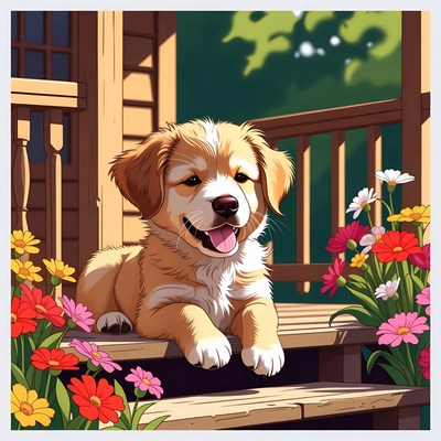 Happy puppy resting by flowers