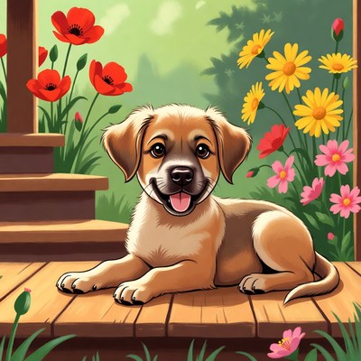 Cute puppy on wooden porch with flowers