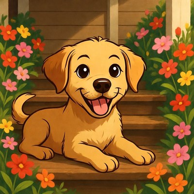 Happy puppy sitting on steps