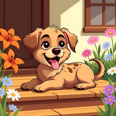 Cute dog sits on porch