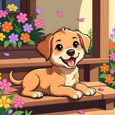 Happy puppy sitting on steps