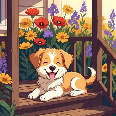 Happy dog in colorful garden